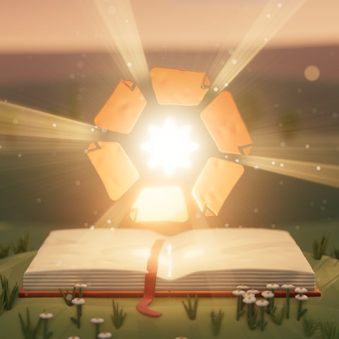 An open clay book with pages turning round a glowing star